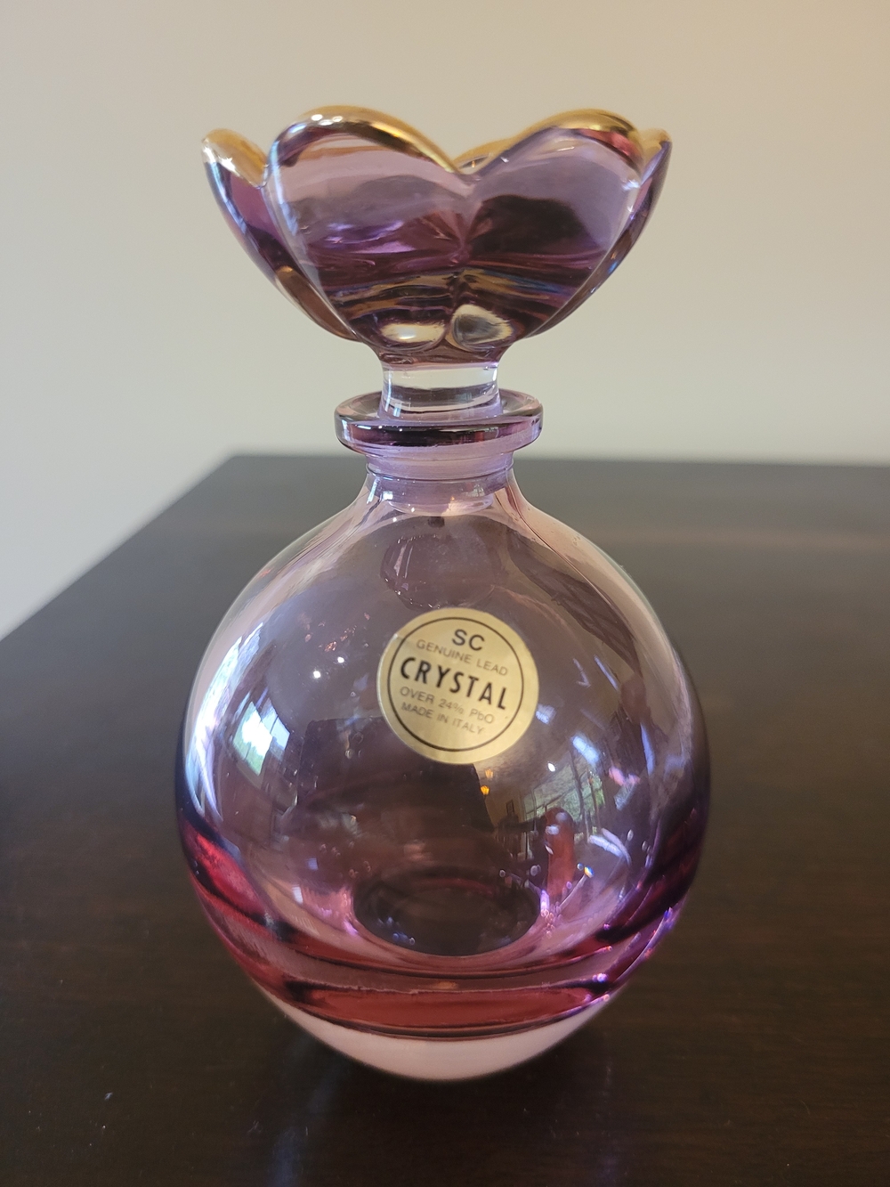 Vintage Pink Crystal Perfume Bottle with Flower Stopper